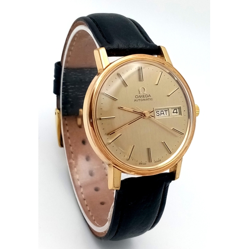 356 - A Vintage Omega Automatic Gents Watch. Model 1660209. Black leather strap. Gilded case - 36mm. Gold ... 