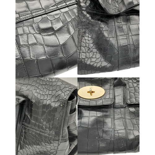 363 - A Mulberry Black Crocodile-Embossed Leather Bayswater Bag. Black leather exterior with gold-toned ha... 