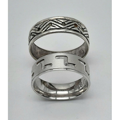 1468 - 2 X STERLING SILVER BAND RINGS ONE CELTIC KNOT DESIGN AND ONE Z DESIGN. 6.3G IN WEIGHT. SIZES K & Q.