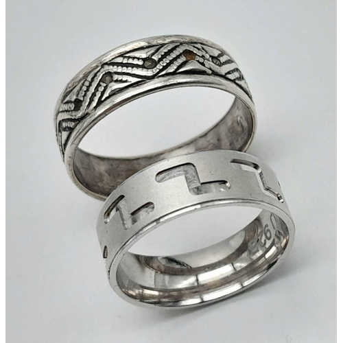 1468 - 2 X STERLING SILVER BAND RINGS ONE CELTIC KNOT DESIGN AND ONE Z DESIGN. 6.3G IN WEIGHT. SIZES K & Q.