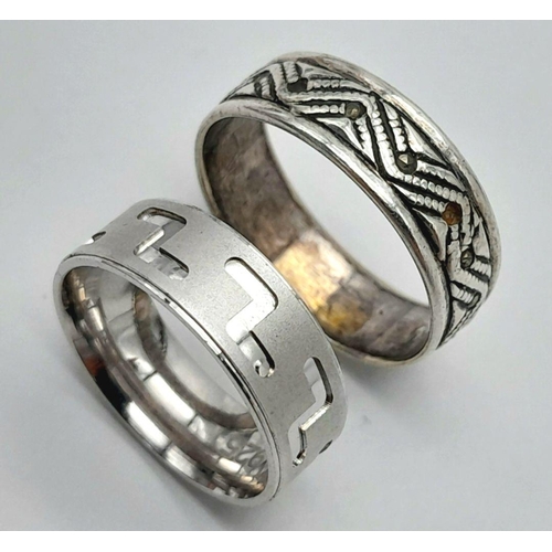 1468 - 2 X STERLING SILVER BAND RINGS ONE CELTIC KNOT DESIGN AND ONE Z DESIGN. 6.3G IN WEIGHT. SIZES K & Q.