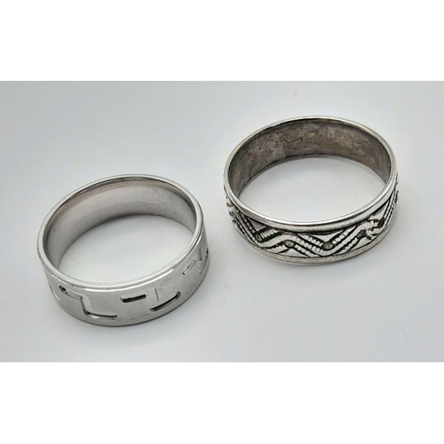 1468 - 2 X STERLING SILVER BAND RINGS ONE CELTIC KNOT DESIGN AND ONE Z DESIGN. 6.3G IN WEIGHT. SIZES K & Q.