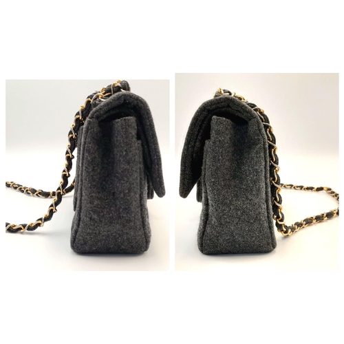 706 - A Chanel Grey Wool Small Double Flap Bag. Grey wool exterior with gold-toned hardware, featuring cha... 