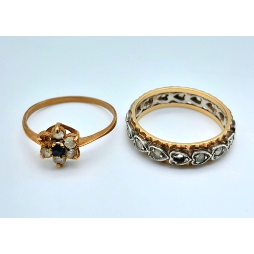 1293 - Two 9K Gold Stone Set Rings - Both size N. Stones missing so as found. 4.15g total weight.