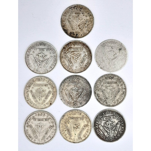 1559 - Ten Vintage Silver South African Three Pence Coins.