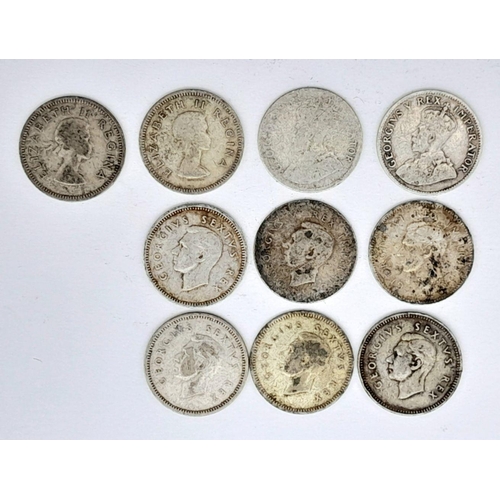 1559 - Ten Vintage Silver South African Three Pence Coins.