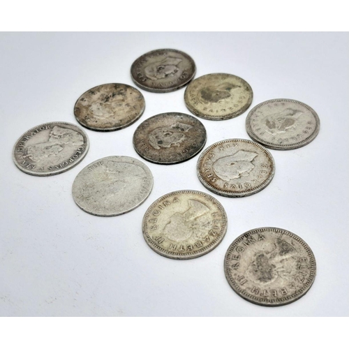 1559 - Ten Vintage Silver South African Three Pence Coins.