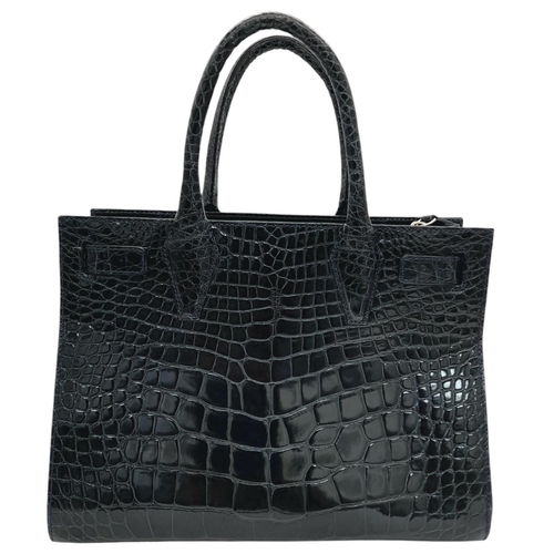 132 - A Parmeggiani Crocodile-Embossed Leather Structured Tote Bag. Dark blue crocodile-embossed leather e... 