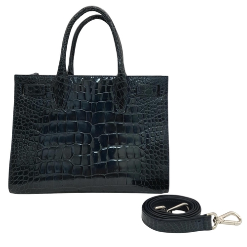 132 - A Parmeggiani Crocodile-Embossed Leather Structured Tote Bag. Dark blue crocodile-embossed leather e... 