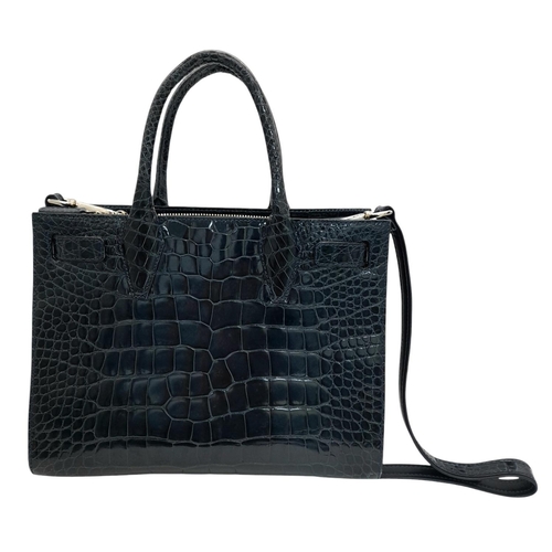 132 - A Parmeggiani Crocodile-Embossed Leather Structured Tote Bag. Dark blue crocodile-embossed leather e... 