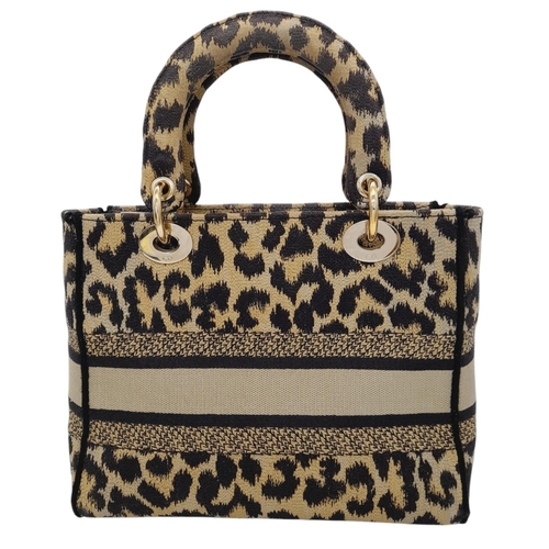 166 - A Christian Dior Canvas Mizza Embroidered Lady D-Lite Bag.  Beige and black leopard print canvas ext... 