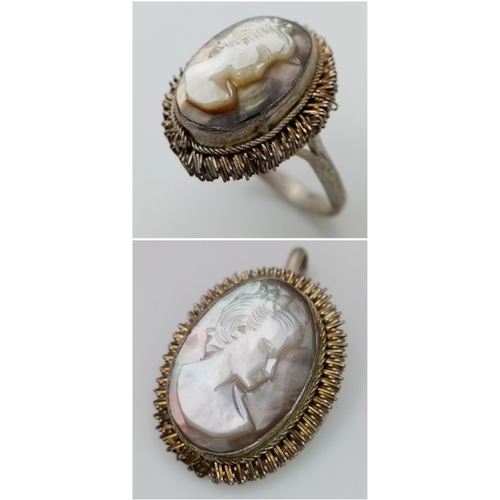 443 - A Victorian Carved Relief Cameo Pendant and Ring Set. Ring - size N. Pendant - 3.5cm.