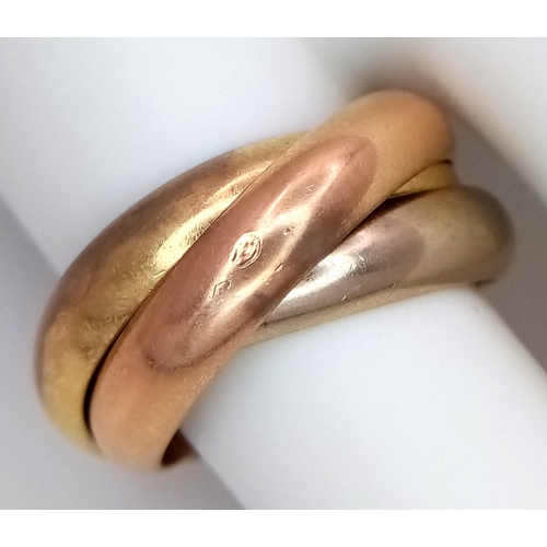 463 - A Cartier 18K Gold Trinity Ring. Yellow, rose and white gold. Size E 1/2. 10.4g. Come with original ... 