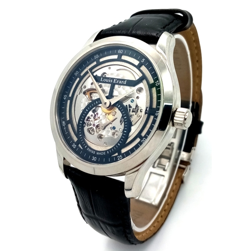 62 - A Stylish Louis Erard Automatic Skeleton Gents Watch. Black leather strap. Stainless steel case - 41... 