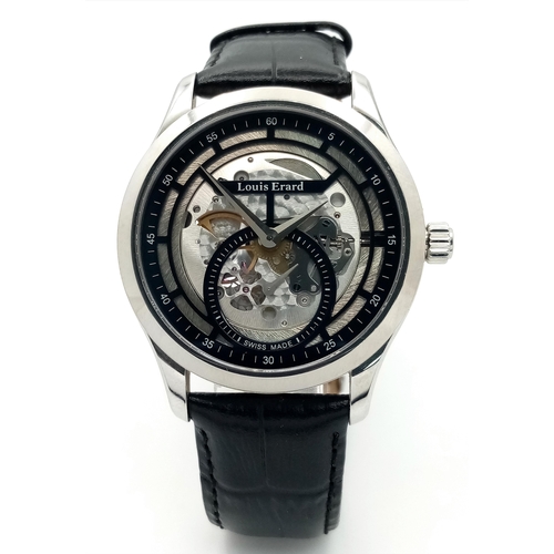 62 - A Stylish Louis Erard Automatic Skeleton Gents Watch. Black leather strap. Stainless steel case - 41... 