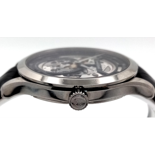 62 - A Stylish Louis Erard Automatic Skeleton Gents Watch. Black leather strap. Stainless steel case - 41... 