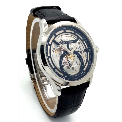 62 - A Stylish Louis Erard Automatic Skeleton Gents Watch. Black leather strap. Stainless steel case - 41... 