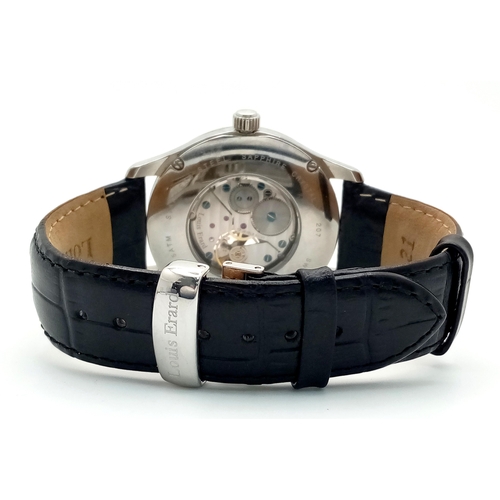 62 - A Stylish Louis Erard Automatic Skeleton Gents Watch. Black leather strap. Stainless steel case - 41... 