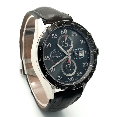 76 - A Tag Heuer Carrera Automatic Chronograph Gents Watch. 1887 calibre. Brown leather strap. Stainless ... 