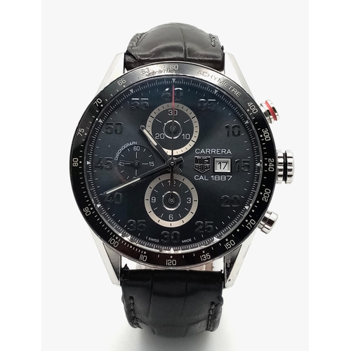 76 - A Tag Heuer Carrera Automatic Chronograph Gents Watch. 1887 calibre. Brown leather strap. Stainless ... 