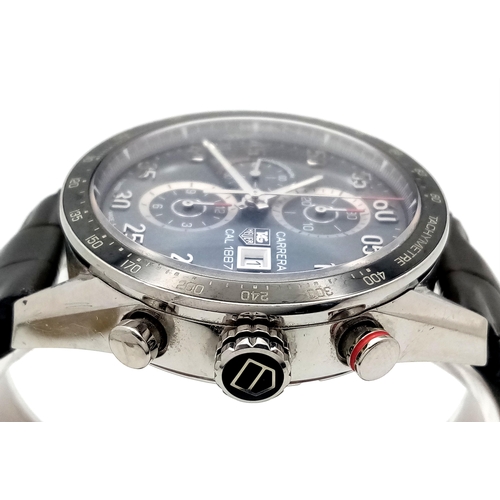 76 - A Tag Heuer Carrera Automatic Chronograph Gents Watch. 1887 calibre. Brown leather strap. Stainless ... 