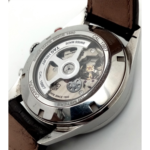 76 - A Tag Heuer Carrera Automatic Chronograph Gents Watch. 1887 calibre. Brown leather strap. Stainless ... 