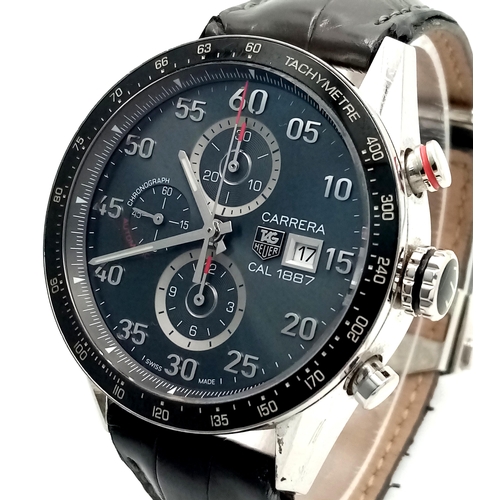 76 - A Tag Heuer Carrera Automatic Chronograph Gents Watch. 1887 calibre. Brown leather strap. Stainless ... 