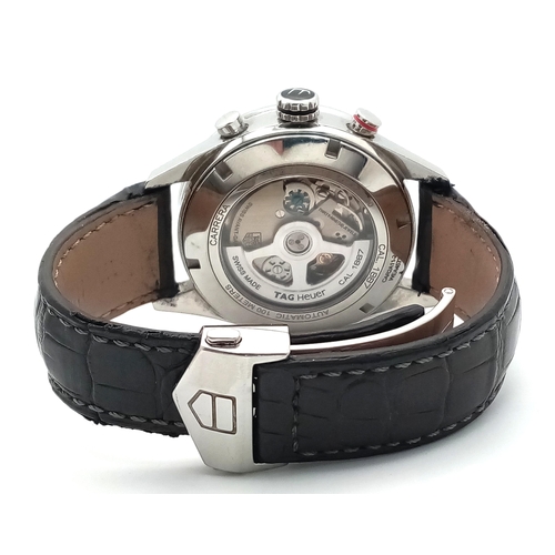 76 - A Tag Heuer Carrera Automatic Chronograph Gents Watch. 1887 calibre. Brown leather strap. Stainless ... 