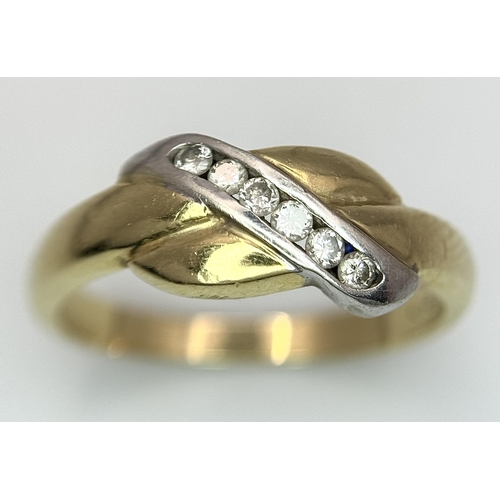 316 - A 14K Yellow Gold Diamond Channel Set Ring. Diagonal form. 
Size N. 3.7g. 0.20ctw.