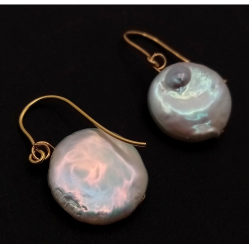 351 - A Pair of 9K Gold, Mother of Pearl Coin Earrings.