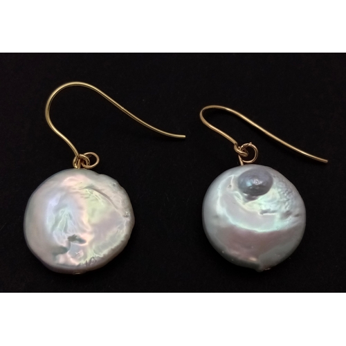 351 - A Pair of 9K Gold, Mother of Pearl Coin Earrings.