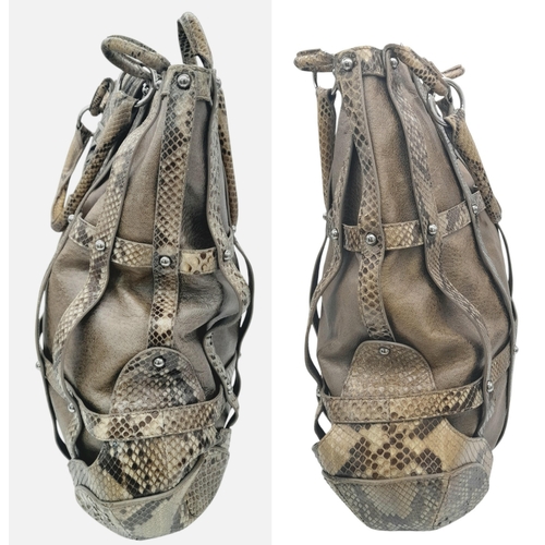 398 - An Alexander McQueen Khaki and Python Nova Tote Bag. Leather and python skin exterior with silver-to... 