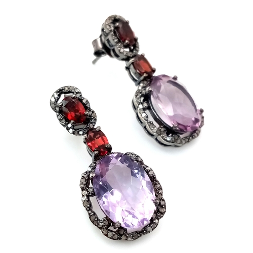 534 - A Pair of Amethyst and Garnet Gemstone Drop Earrings. Set in 925 Silver. Black Antique Finish. Ameth... 