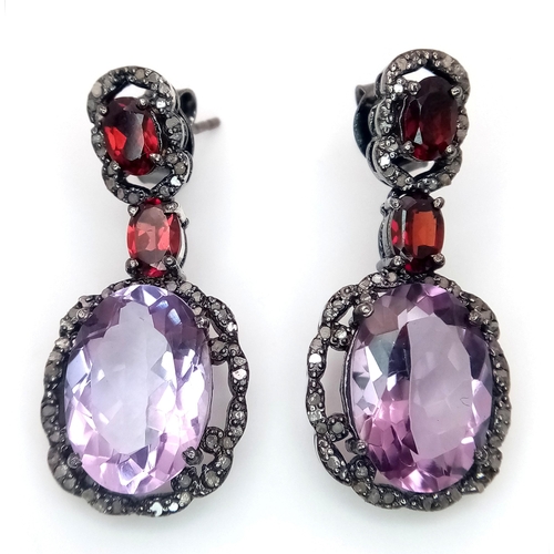 534 - A Pair of Amethyst and Garnet Gemstone Drop Earrings. Set in 925 Silver. Black Antique Finish. Ameth... 