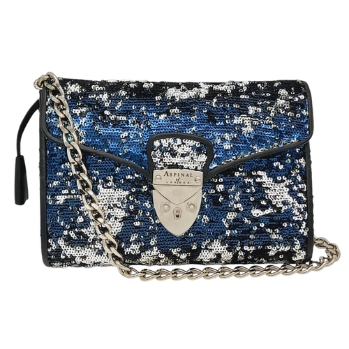 539 - An Aspinal of London Blue and Silver Sequinned Shoulder Bag. Sequinned exterior with black leather t... 