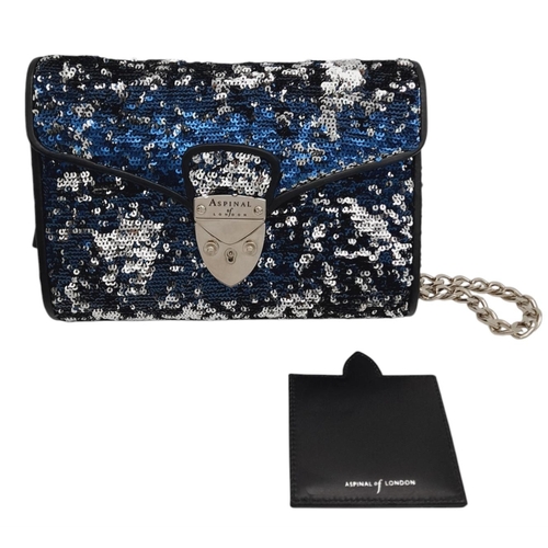 539 - An Aspinal of London Blue and Silver Sequinned Shoulder Bag. Sequinned exterior with black leather t... 