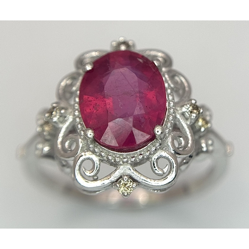 708 - A 4ct Oval Cut Ruby Ring with Diamond Accents. Set in 925 Silver. Size P 1/2. CD-1686