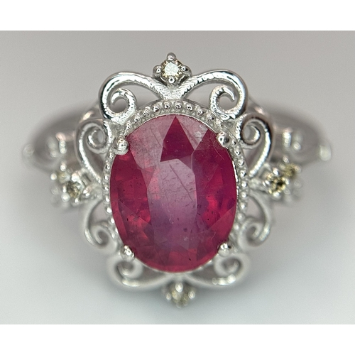 708 - A 4ct Oval Cut Ruby Ring with Diamond Accents. Set in 925 Silver. Size P 1/2. CD-1686