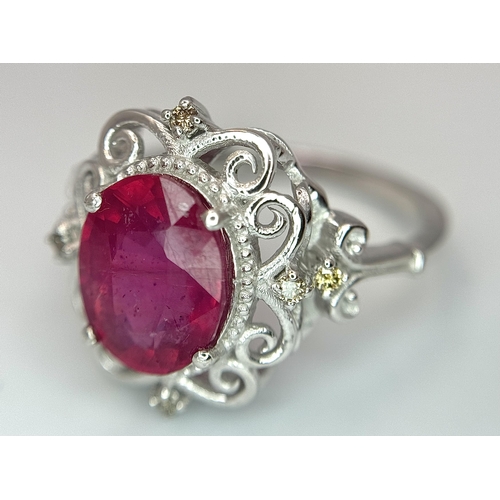 708 - A 4ct Oval Cut Ruby Ring with Diamond Accents. Set in 925 Silver. Size P 1/2. CD-1686