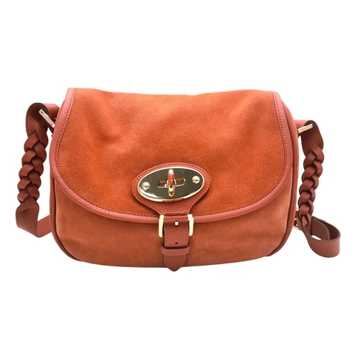 1292 - A Mulberry Delilah Satchel Bag. Peach suede exterior with gold-toned hardware and large Postman's lo... 