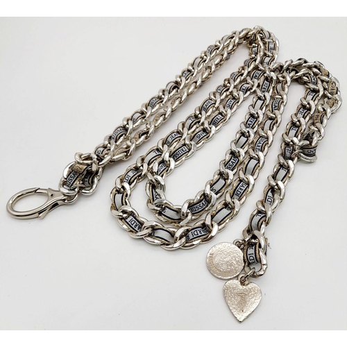 1384 - A Trussardi Silver-Toned Double Chain Belt. Silver-toned metal interwoven with fabric embroidered wi... 