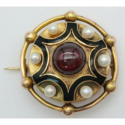 1335 - An Antique 18K Gold, Pearl and Garnet Circular Brooch. Central blood red garnet cabochon with a pear... 