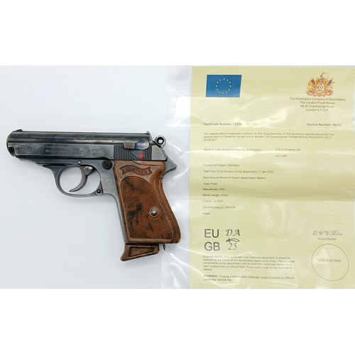 941 - A Rare German Walther PPK WW2 Era Deactivated Pistol with Third Reich Eagle marks. Semi-automatic wi... 