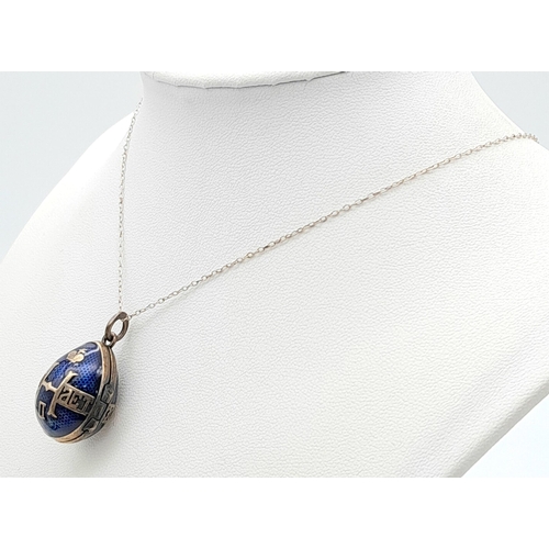 1322 - A Rare Vintage  Silver and Enamel Russian Egg Pendant Locket Necklace, on 41cm Length Sterling Silve... 