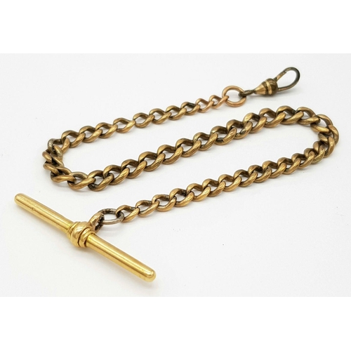 232 - AN ANTIQUE WATCH CHAIN IN 9K GOLD WITH A LATER ADDED 18K GOLD T-BAR .  TOTAL WEIGHT 20gms    24cms