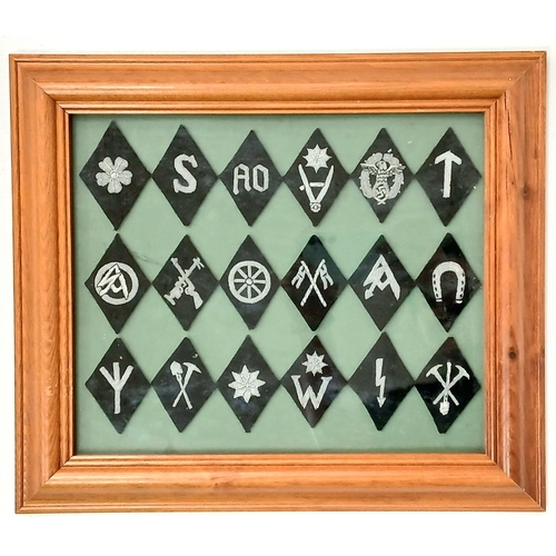 1060 - A Framed set of 18 Re-enactor Waffen SS Bullion Trade Patches.