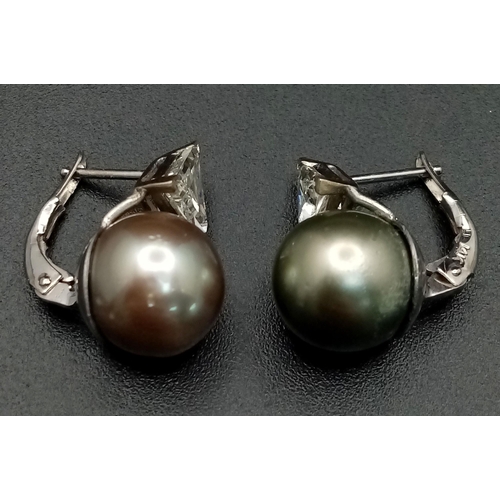 478 - A Pair of 14K White Gold, Tahitian Pearl and Trillion Cut Diamond Earrings. Lever-back clasp. 5.8g t... 