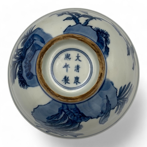 1058 - An antique Chinese Kangxi Blue and White Porcelain Bowl. Hand painted featuring bird and floral moti... 