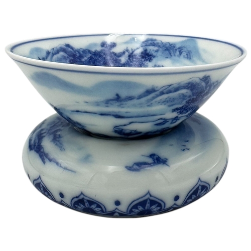 1065 - A Chinese Blue and White Porcelain Bowl and Stand. Hand-painted landscape scenes, featuring an open ... 