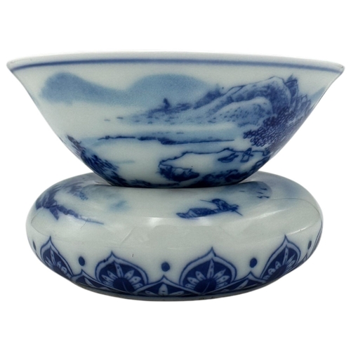 1065 - A Chinese Blue and White Porcelain Bowl and Stand. Hand-painted landscape scenes, featuring an open ... 